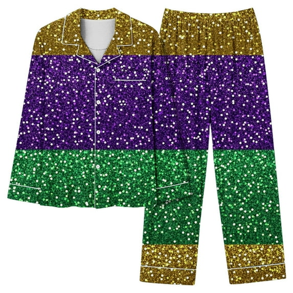 Moxiu Mardi Gras Pajamas for Women 2025 Loungrwear Set Festivel Long Sleeve Button Down Shirts Pant Carnival Holiday Pjs Sleepwear Multicolor,XL