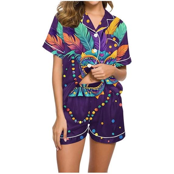 Moxiu Mardi Gras Womens Button Down Pajamas Set Short Sleeve Shirts and Shorts Sleepwear Carnival Theme Soft Pj Lounge Set 2025 Green,S