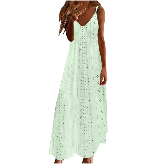 Moxiu Maxi Dresses for Women 2025 Summer Eyelet Dress Spaghetti Strap Sleeveless Dress Casual V Neck Sundress Hollow Out Dresses Mint Green,XL