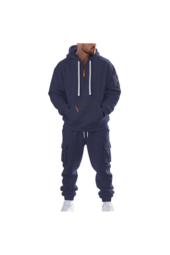 Men 2 Piece Tactical Cargo Tracksuit Quarter Zip Pullover Hoodie Athletic Sweatsuit Navy,S
