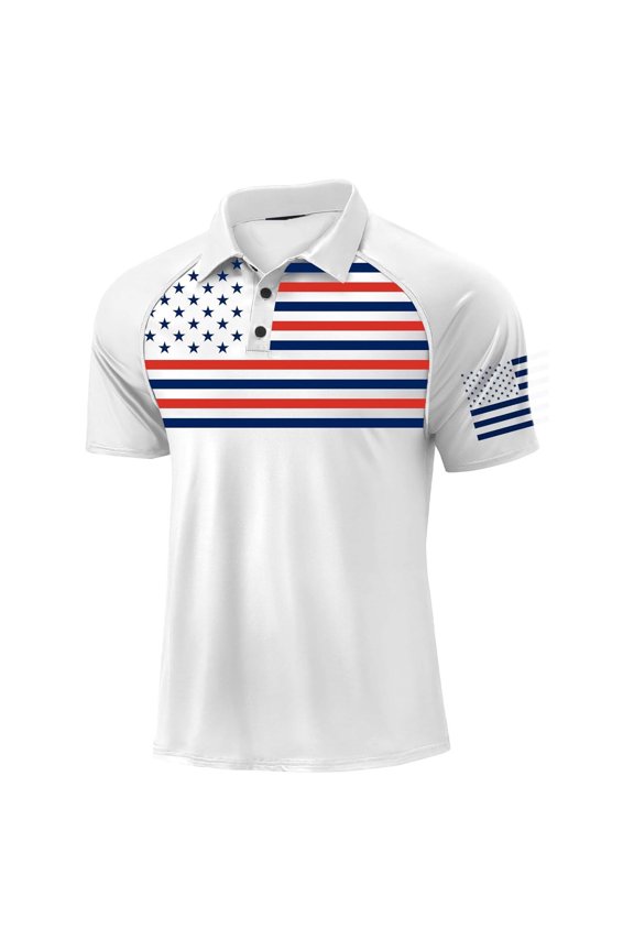 Men Golf Shirts Raglan Short Sleeve Golf Shirts Summer Collared Patriotic American Flag 4th of July Graphic Tennis Shirt Big and Tall White,XXL