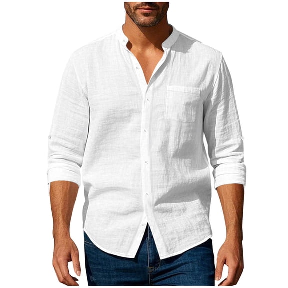 Moxiu Men Linen Shirts Long Sleeve Button Down Beach Band Collar Casual Summer Shirts Lightweight Vacation Daily Shirts 2025 White,M