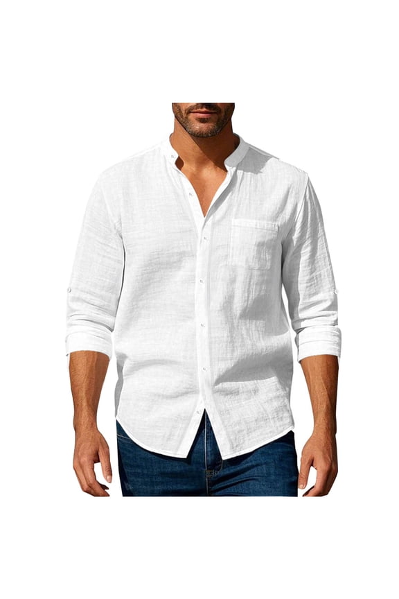 Men Linen Shirts Long Sleeve Button Down Beach Band Collar Casual Summer Shirts Lightweight Vacation Daily Shirts 2025 White,M