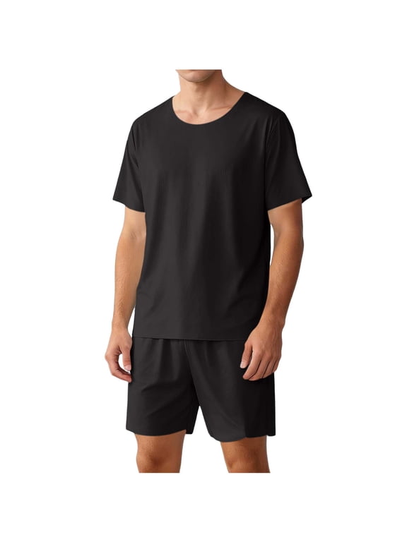 Men's 2 Piece Summer Lounge Outfits Short Sleeve T Shirt and Shorts Set Big and Tall Crew Neck Ribbed Knit Housewear Outfit Black,XXXXL