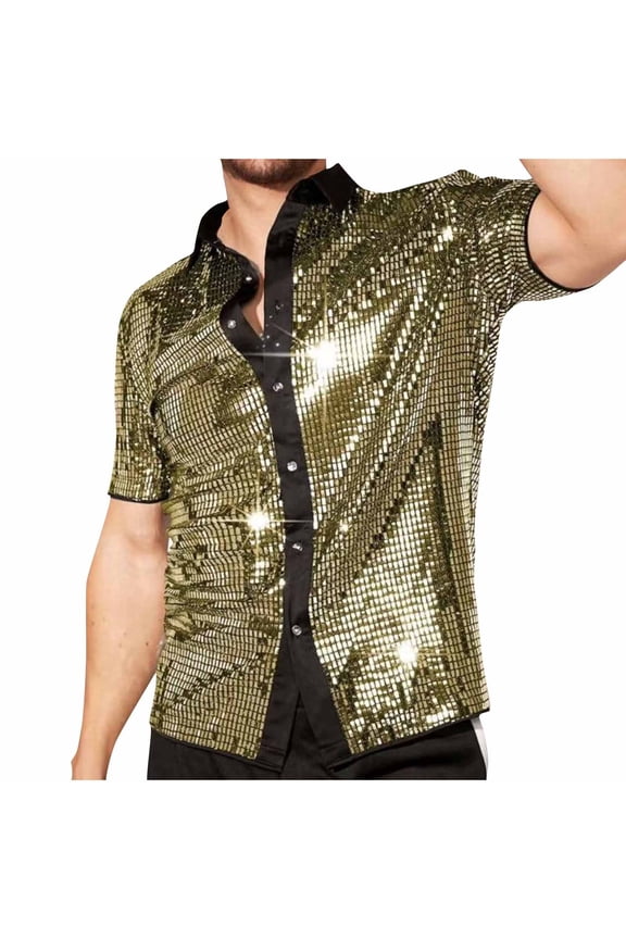 Men's 70s Disco Sequin Shirts Short Sleeve Lapel Button Down Metallic Shiny Shirts Breathable Casual Party Night Club Top Gold,S