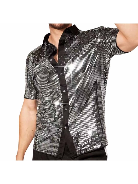 Men's 70s Disco Sequin Shirts Short Sleeve Lapel Button Down Metallic Shiny Shirts Breathable Casual Party Night Club Top Silver,XL