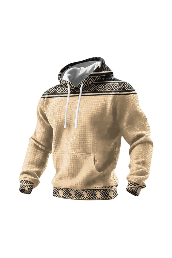 Men's Aztec Hoodies Pullover Waffle Knit Fleece Drawstring Comfy Vintage Western Ethnic Big and Tall Hoodie