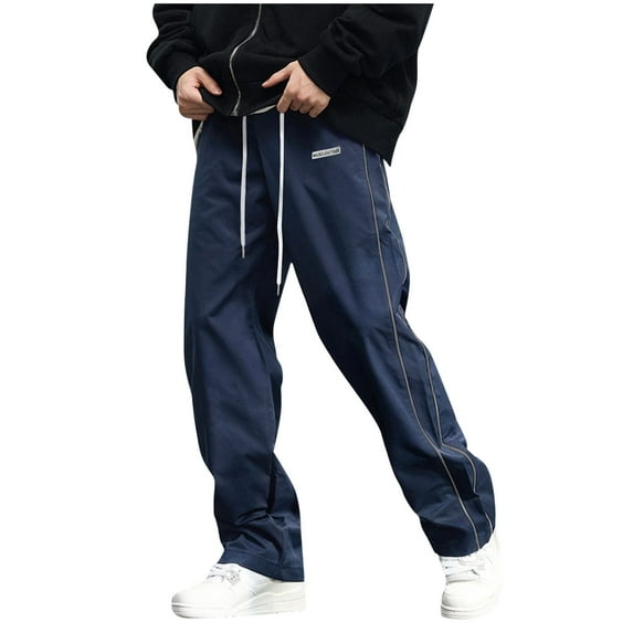 Moxiu Men's Baggy Parachute Track Pants Elastic Waist Drawstring Straight Leg Y2K Streetwear Parachute Pants with Pockets 2026 Navy,L