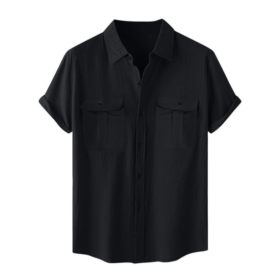 Moxiu Men's Big & Tall Cotton Linen Button Up Shirts Short Sleeve Lightweight Casual Beach Work Tops with Pocket Black,M