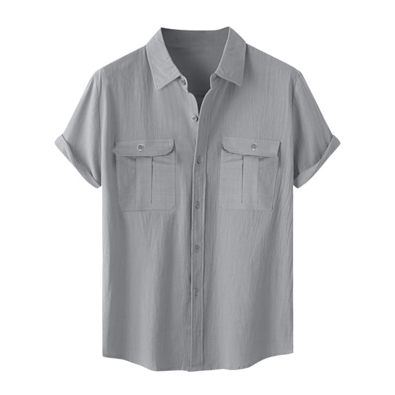 Moxiu Men's Big & Tall Cotton Linen Button Up Shirts Short Sleeve Lightweight Casual Beach Work Tops with Pocket Gray,XL
