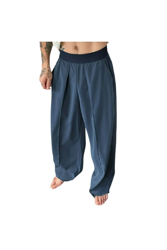 Men's Casual Pants Yoga Pants for Men Baggy Harem Hippie Pants with Pockets Elastic Waisted Pleated Wide Leg Beach Pants 2025 Blue,M