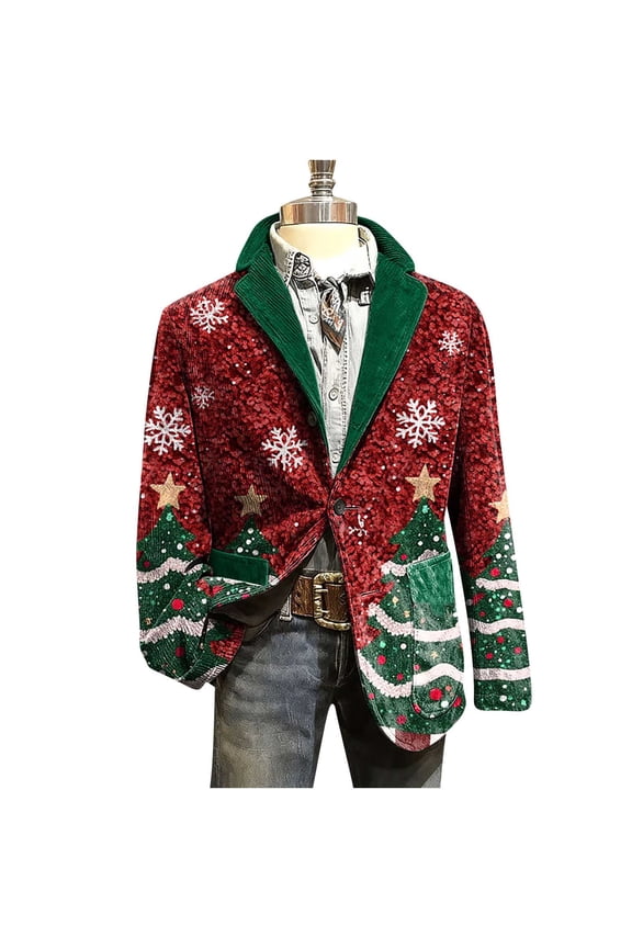 Men's Casual Ugly Christmas Corduroy Blazer - One Button Sport Coat 2026 Red,XL