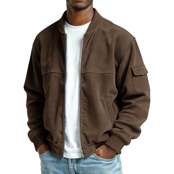 Moxiu Men's Corduroy Bomber Jacket Zip Up Vintage Collared Trucker Work Jackets Long Sleeve Casual with Pockets Brown,L