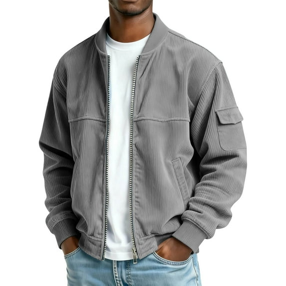 Moxiu Men's Corduroy Bomber Jacket with Pockets Zip Up Collared Vintage Trucker Work Jackets Long Sleeve Casual Gray,L