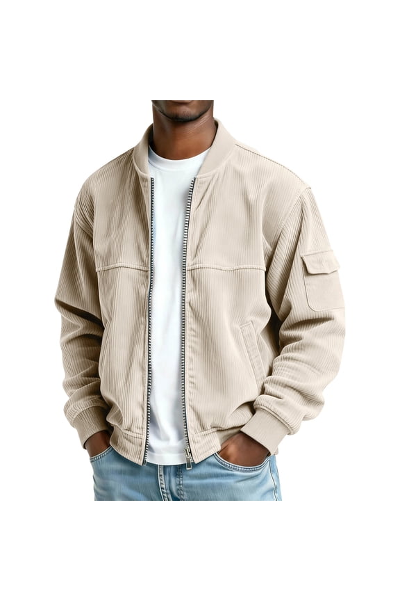 Men's Corduroy Bomber Jacket with Pockets Zip Up Collared Vintage Trucker Work Jackets Long Sleeve Casual Khaki,S