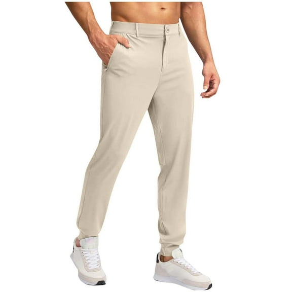 Moxiu Men's Golf Joggers Pants Stretch Work Dress Pants Expandable Waist Lightweight Quick Dry Casual Slacks Trousers with Pockets Beige,S