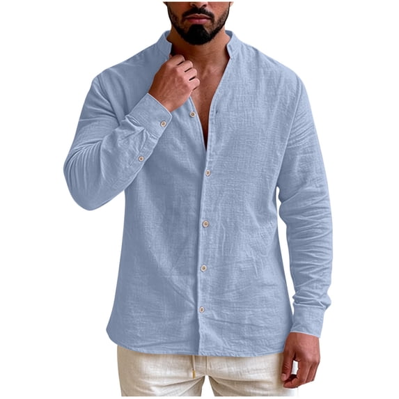 Moxiu Men's Long Sleeve Banded Collar Button Down Shirts Slim Fit Spring Summer Beach Vacation Dress Shirt Tops Light Blue,M