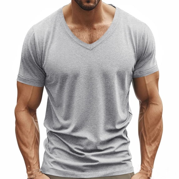Moxiu Men's Muscle Fit T Shirt V Neck Short Sleeve Athletic Gym Tops Basic Solid Breathable Summer Workout Bodybuilding Tee Gray,L
