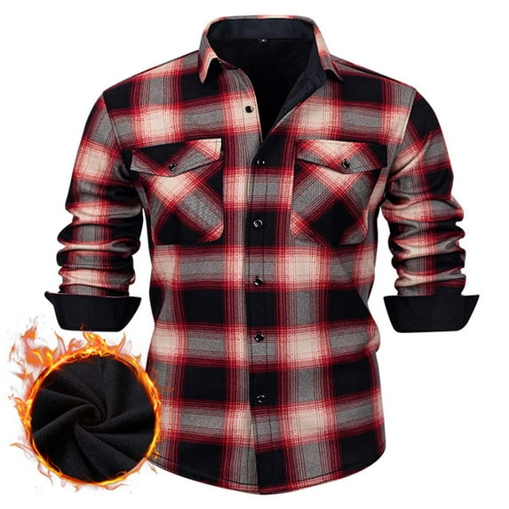 Moxiu Men's Plaid Flannel Work Outerwear Sherpa Fleece Lined Button Long Sleeve Thick Warm Winter Shacket with Pockets Red,XXL