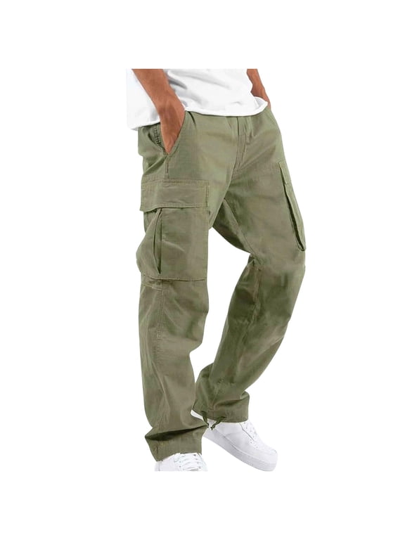 Men's Solid Cargo Pants Casual Elastic Waist Drawstring Outdoor Trousers Straight Cargo Pant with Multi Pockets Fashion Hippie Regular Fit Fall Winter Outdoor Casual Long Pants