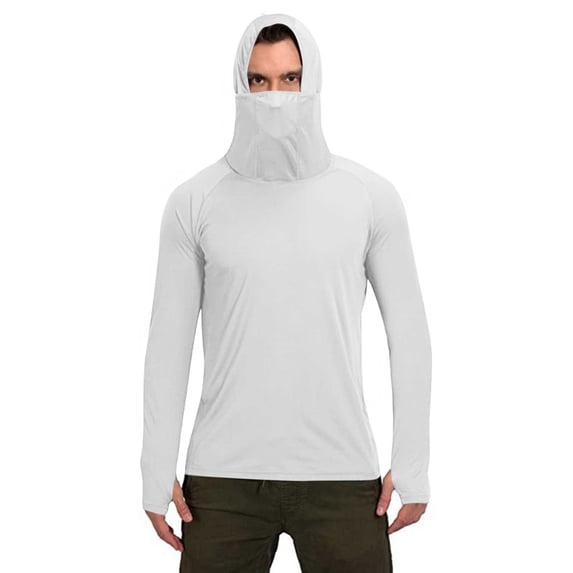 Moxiu Men's Sun Protection Hoodie with Mask UPF 50+ Long Sleeve Lightweight Hooded Rash Guard Shirts Hiking Fishing Summer Tops White,L