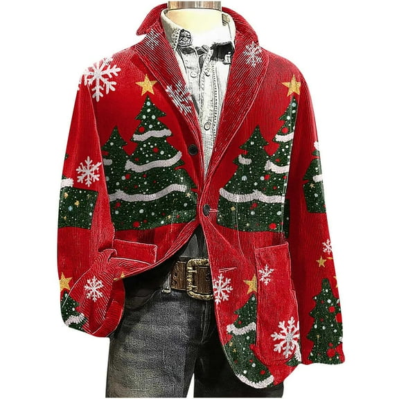 Moxiu Men's Ugly Christmas One Button Suit - Lightweight Xmas Printed Casual Holiday Party Fit Jacket with Pockets Red,XXXL