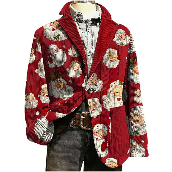 Moxiu Men's Ugly Christmas Snowflake Shawl Lapel Blazer - One Button Tuxedo Holiday Sport Coat Xmas Suit Jacket Red,XL