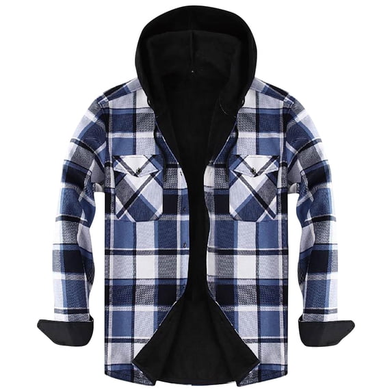 Moxiu Men's Winter Warm Hooded Plaid Flannel Jacket Fleece Lined Long Sleeve Button Shacket with Pockets Outdoor Casual Outwear Blue,XXXL