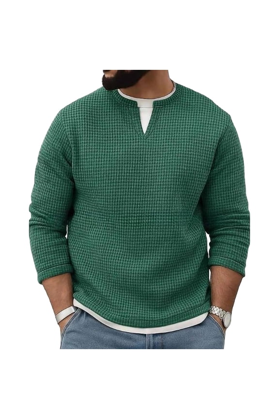 Mens 2 in 1 Layered-look Waffle Thermal Shirt Relax Fit Notched V Neck Long Sleeve Colorblock Base Layer Army Green,L