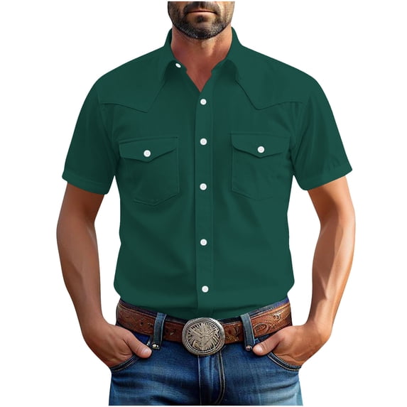 Moxiu Mens Big and Tall Western Shirts Vintage Short Sleeve Pearl Snap Button Up Two Pockets Casual Summer Work Cowboy Top 2026 Green,L