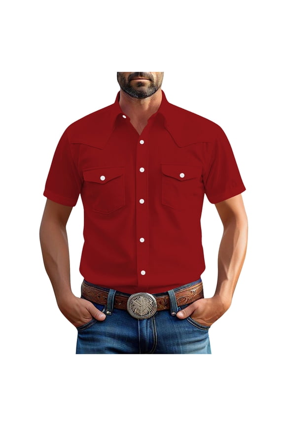 Mens Big and Tall Western Shirts Vintage Short Sleeve Pearl Snap Button Up Two Pockets Casual Summer Work Cowboy Top 2026 Red,XXXL