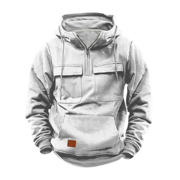 Moxiu Mens Cargo Hoodies Tactical Sweatshirt Quarter Zip Cargo Pullover Hooded Workout Gym Sport Outdoor Hoodie 2025 White,XXL