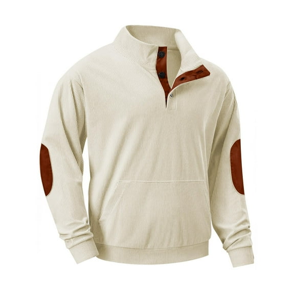 Moxiu Mens Casual Corduroy Sweatshirt 1/4 Button Up Pullover Long Sleeve Vintage Stand Collar Hoodie Elbow Patches Design 2025 Winter Tops White,XXL