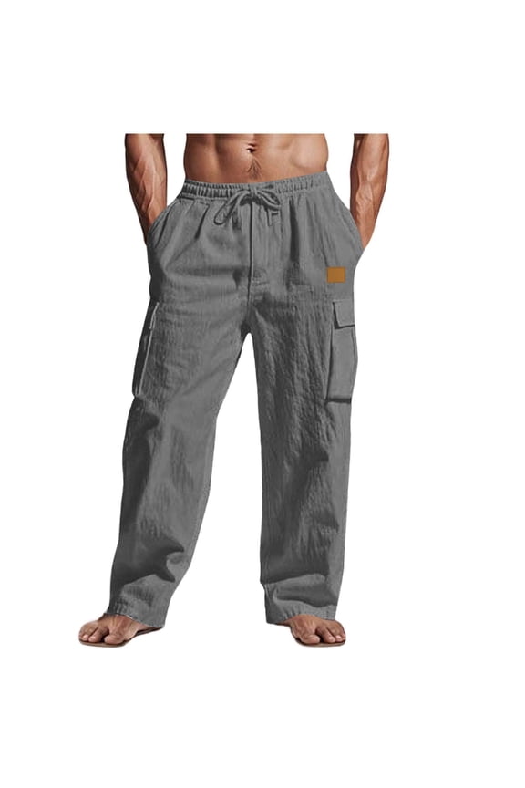 Mens Casual Linen Cargo Pants Summer Vacation Lightweight Drawstring Pants Elastic Waist Beach Yoga Trousers with Pockets Dark Gray,M