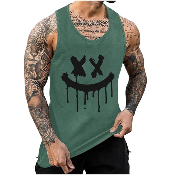 Moxiu Mens Casual Muscle Tank Tops Funny X Smiley Face Print Tanks Summer Sleeveless Shirt Gym Workout Athletic T Shirts 2025 Army Green,L