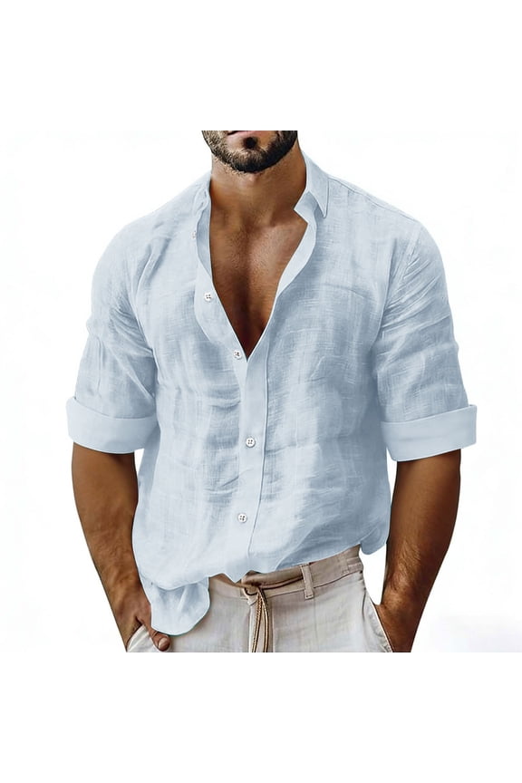 Mens Casual Tops Long Sleeve Cotton Gauze Shirts Button Down Solid Plain Band Collar Summer Beach Hippie Vacation Shirt Blue,XL