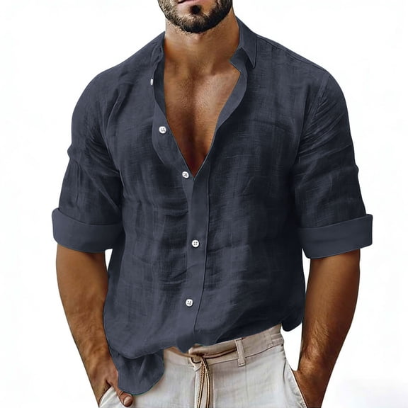 Moxiu Mens Casual Tops Long Sleeve Cotton Gauze Shirts Button Down Solid Plain Band Collar Summer Beach Hippie Vacation Shirt Navy,L