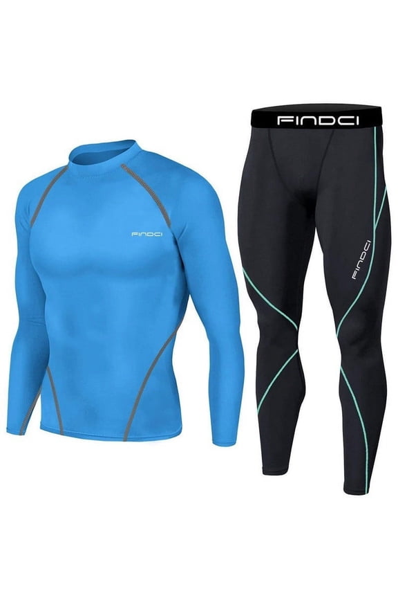 Mens Compression Suit Sports Running Set for Men,Compression Shirt + Pants Skin-Tight Long Sleeves Quick Dry Fitness Tracksuit Gym 2025 Light blue,M