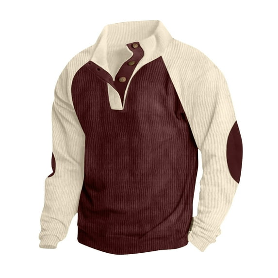 Moxiu Mens Corduroy Sweatshirt for Men 2025 Winter Casual Stand Collar Button Up Pullover Long Sleeve Golf Sweater Shirts with Elbow Patches Wine,L