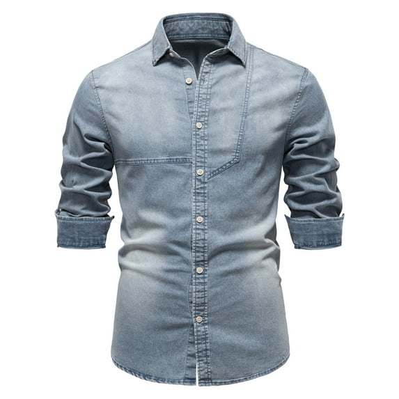 Moxiu Mens Denim Shirt Long Sleeve Slim Fit Washed Distressed Jean Shirt for Men Button Down Causal Western Denim Shirts Light Blue,L