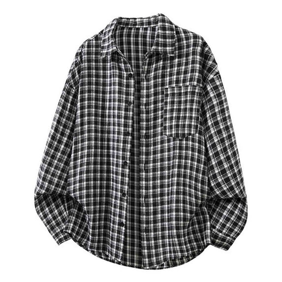 Moxiu Mens Flannel Plaid Shacket Button Down Regular Fit Lapel Long Sleeve Casual Lightweight Shirt Jacket with Pocket Black,L