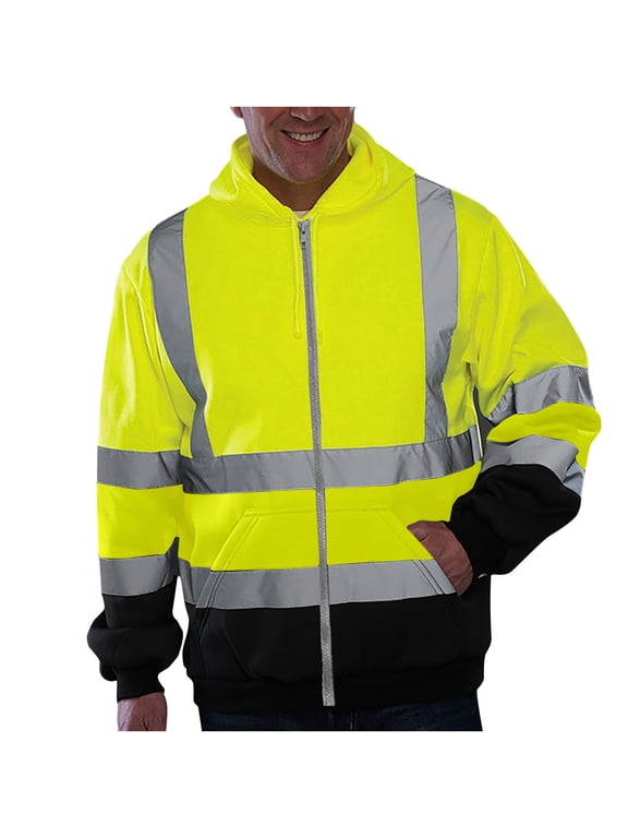Mens High Visibility Jacket Hi Vis Reflective Hooded Drawstring Sweatshirts Pullover Full Zip Up Flame Resistant Jackets with Pocket 2025 Green,L