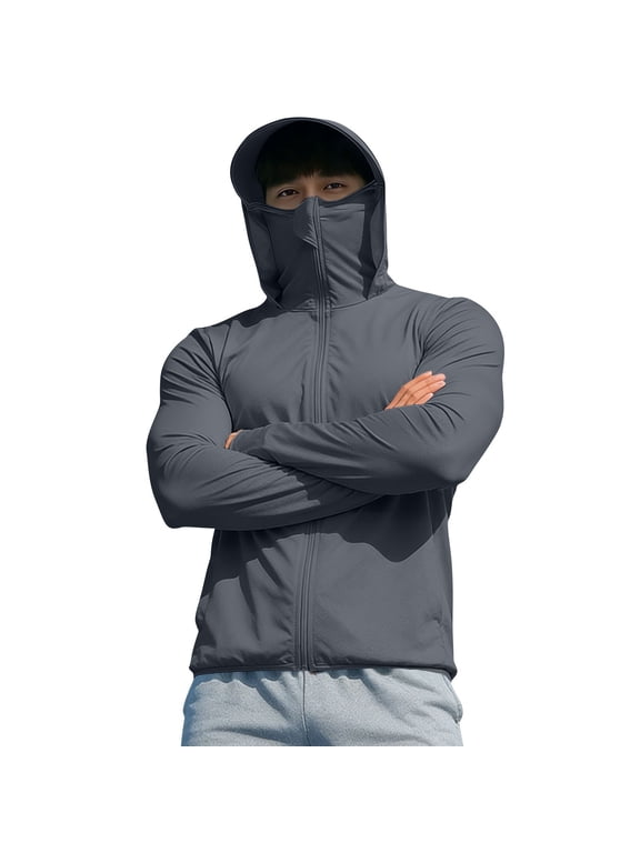 Mens Hoodies Sun Shirts UPF 50+ Full Zip Fishing Rash Guard Long Sleeve UV Protection Quick Dry Hiking with Mask Pocket Dark Gray,XL