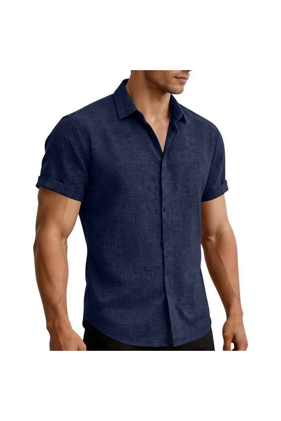 Mens Linen Shirt Classic Button Down Shirts Casual Short Sleeve Blouse Wedding Holiday Summer Tops Lightweight Tee 2026 Navy,S
