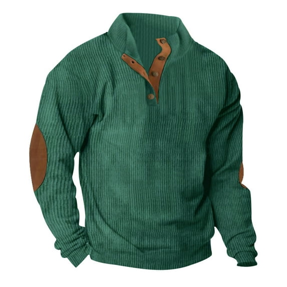 Moxiu Mens Sweatshirt Corduroy Winter Sweater Henley Shirts Long Sleeve Elbow Patch Draped Pullover Casual Stand Collar Slim Shirt 2025 Green,L
