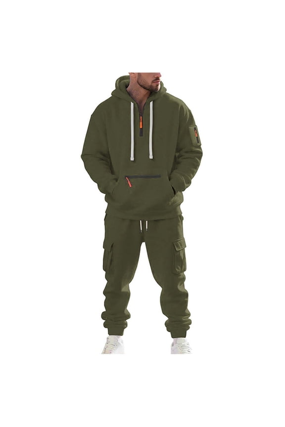 Mens Tactical 2 Piece Tracksuit Quarter Zip Hoodie & Cargo Jogger Athletic Sweatsuit Army Green,M