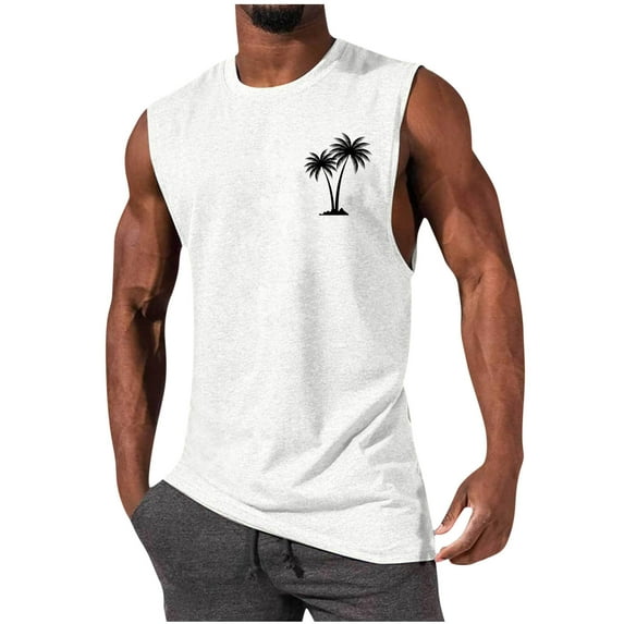 Moxiu Mens Tank Tops Summer Beach Vacation Hawaiian Graphic Muscle Gym Palm Tree Sleeveless Tee Shirts Workout Fitness Top 2025 White,XL