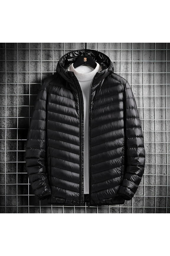 Mens Ultra Light Down Coat with Hood Lightweight Full Zip Jackets Packable Warm Insulated Quilted Jackets 2025 Black,M