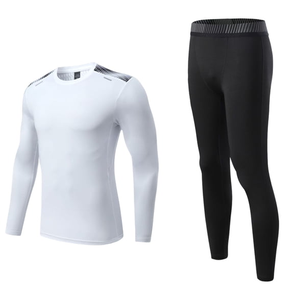 Moxiu Mens Workout Set Compression Sports Running Set Compression Shirt + Pants Skin-Tight Long Sleeves Quick Dry Fitness Tracksuit Gym 2025 White,L