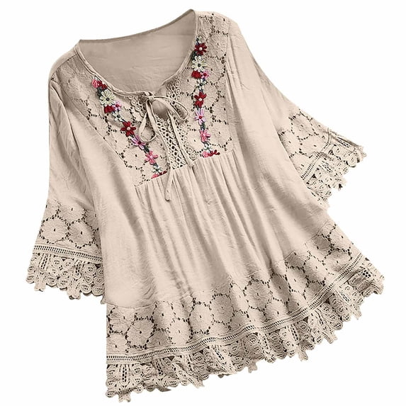 Moxiu Mexican Embroidered Plus Size Boho Tops Womens 3/4 Sleeve Cotton Linen Lace Up Flowy Lace Trim Blouses Beige,XXXXL